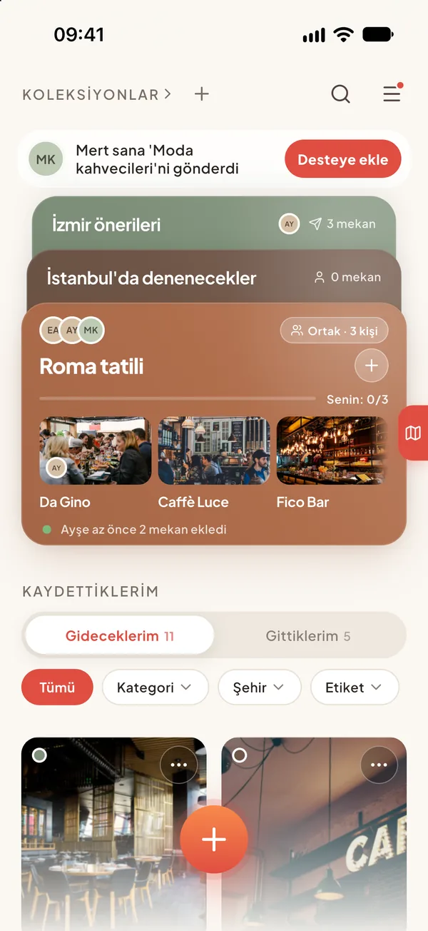 Canko ana sayfası: koleksiyon destesi ve kaydedilen mekanlar